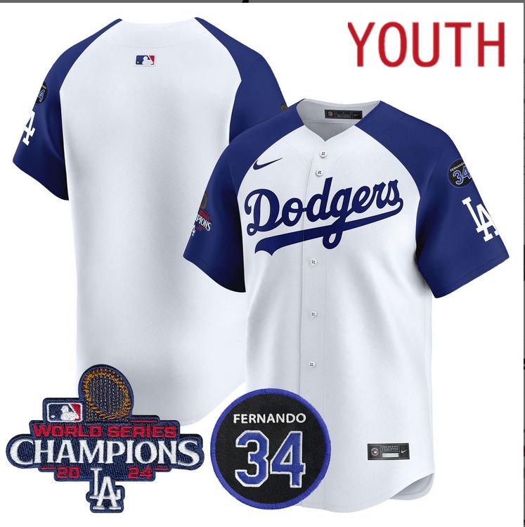 Youth MLB Los Angeles Dodgers  blank white 2024 World Series Champions Patch Limited Jersey style 2->youth mlb jersey->Youth Jersey